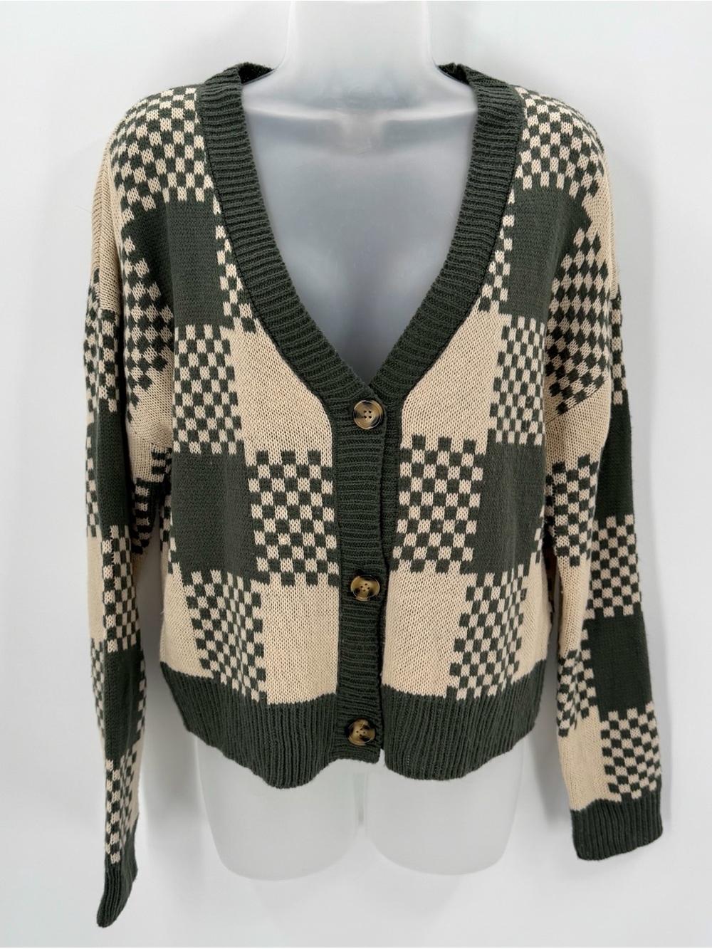 No Boundaries Cardigan Sweater Juniors L 11-13 Green Beige Checkered Knit Boxy